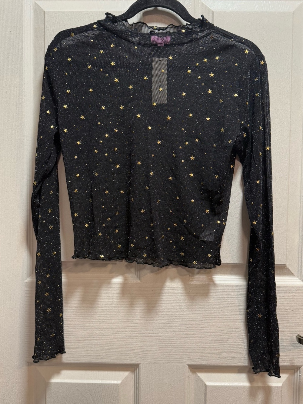 Francesca's Collections Black Long Sleeve Mesh Top with Gold Star Print size XL